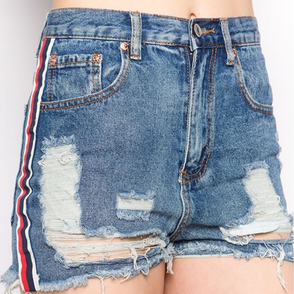 Distressed denim shorts with side stripe